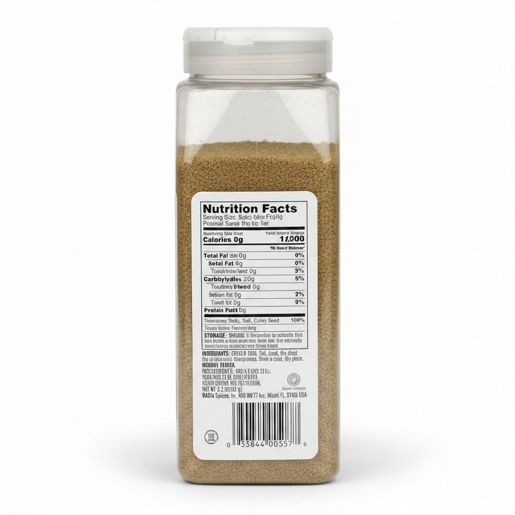 Bodega Badia Celery Salt, 2 lb jar with a clear plastic body and white shaker lid. The label features the Badia logo,