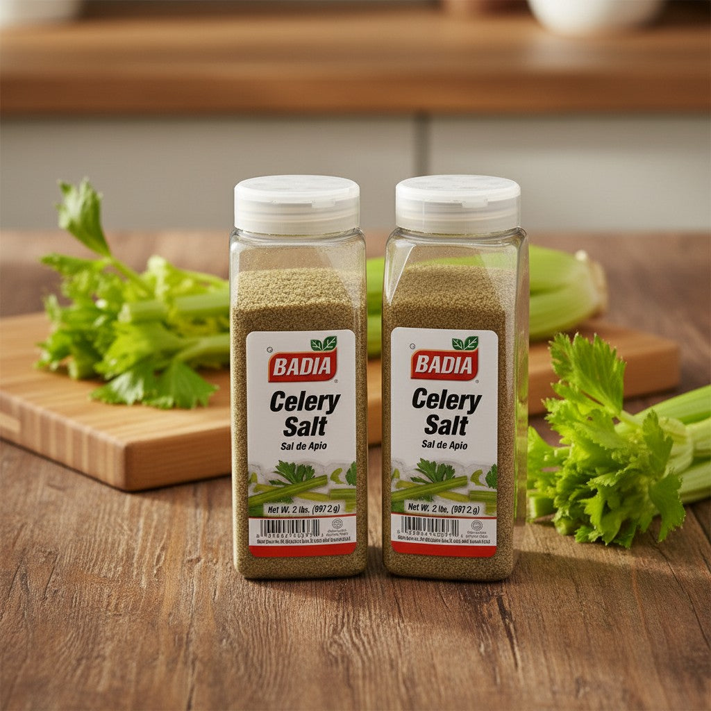 Bodega Badia Celery Salt, 2 lb jars, pack of 2. Fine sea salt blended with ground celery seed.