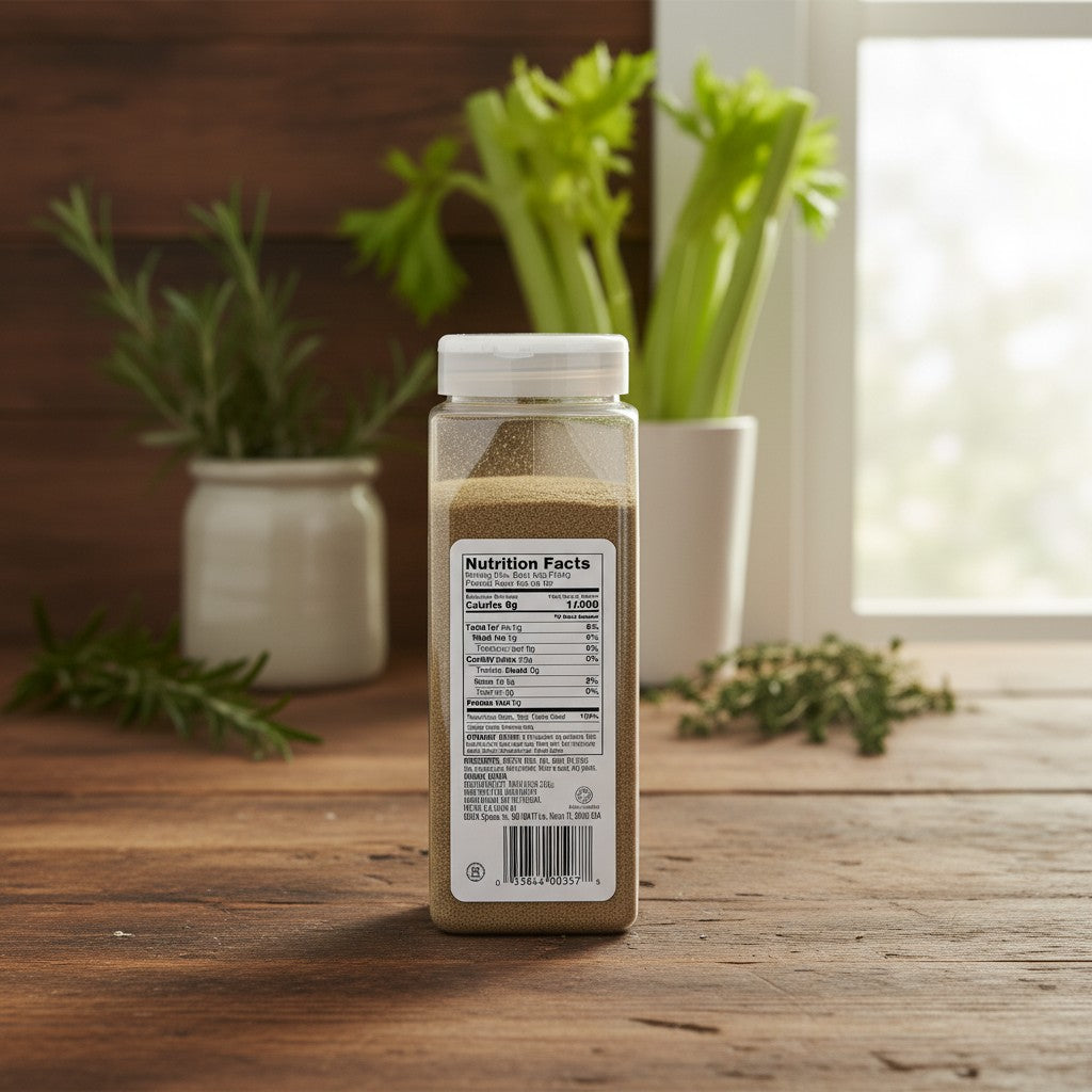 Bodega Badia Celery Salt, 2 lb shaker with nutrition facts label. Ground celery seed and salt blend.