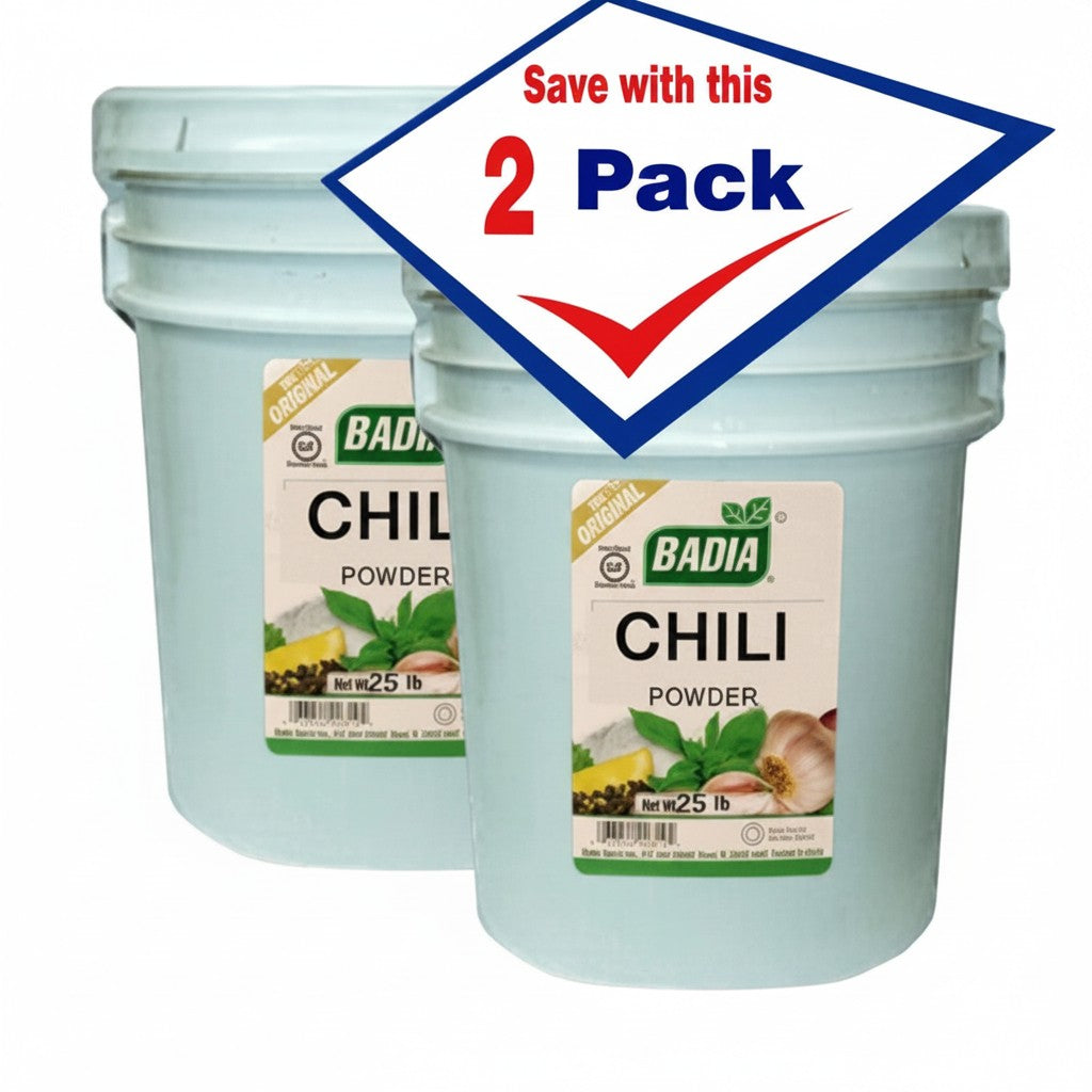 Bodega Badia Chili Powder 2-pack, 25 lb each. Ground blend of chiles, cumin, garlic, and oregano for Mexican and Tex-Mex cooking.