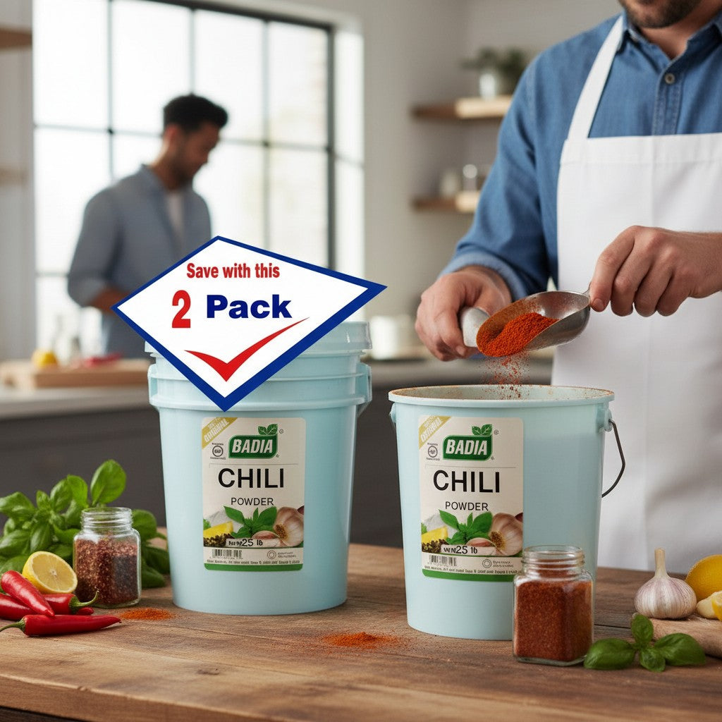 Bodega Badia Chili Powder 25 lb 2-pack. Ground blend of chiles, cumin, garlic, and oregano for cooking.