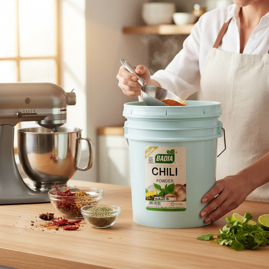 Bodega Badia Chili Powder 25 lb bulk container with ingredients like garlic, peppercorns, and herbs.