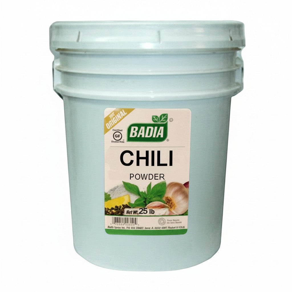 Bodega Badia Chili Powder 25 lb bulk container with ingredients illustration.