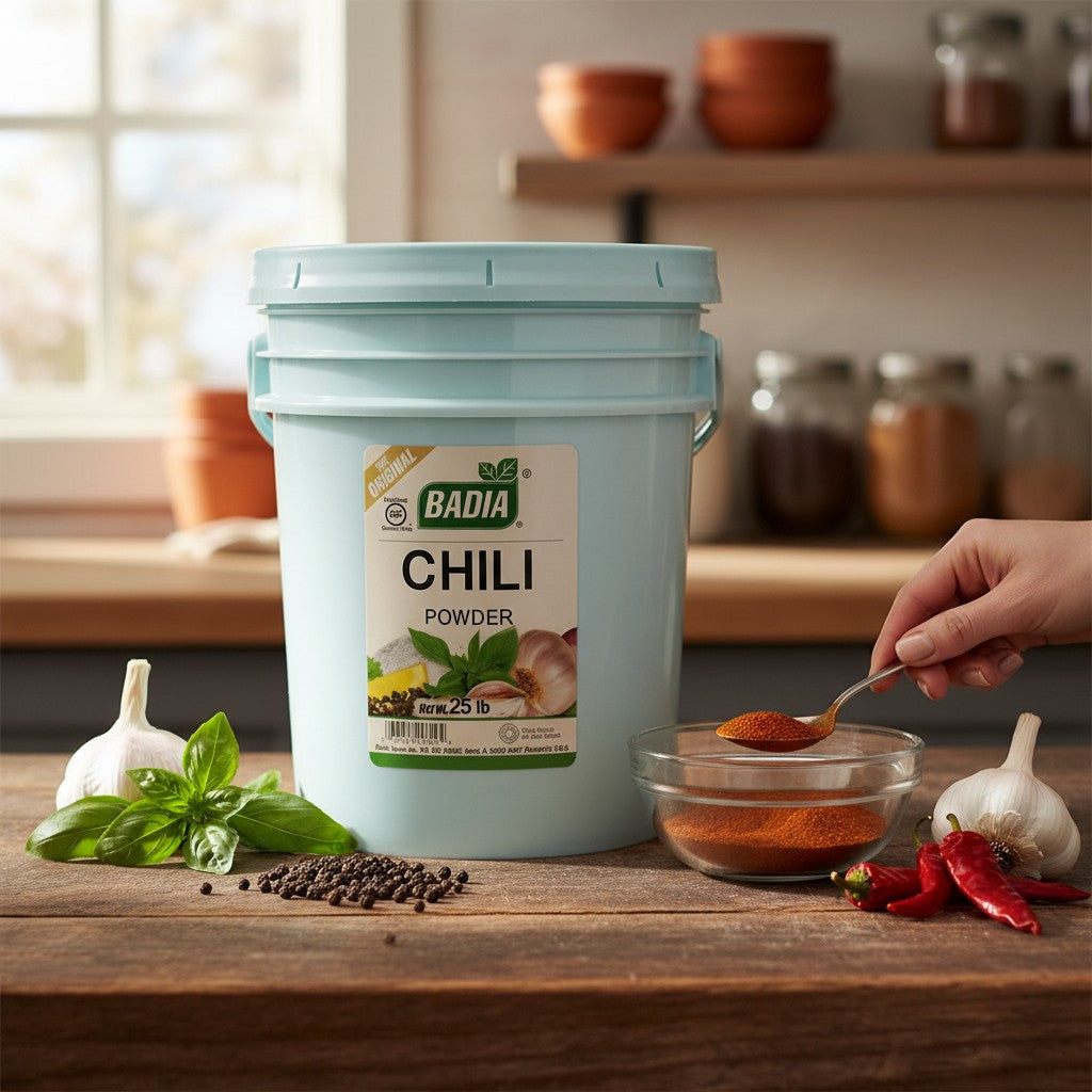 Bodega Badia Chili Powder 25 lb bulk container with ingredients like garlic, herbs, and peppercorns shown on label.
