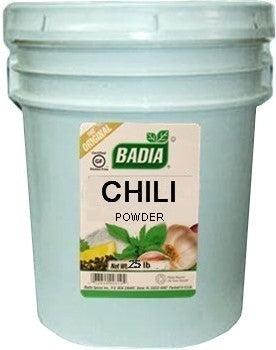 Bodega Badia Chili Powder, 25 lb bulk container with label showing ingredients and net weight.