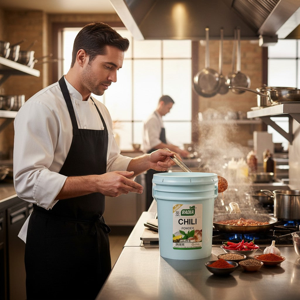 Bodega Badia Chili Powder 25 lb bulk container with label showing ingredients like garlic, herbs, and peppercorns.