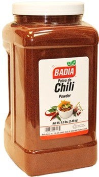 Bodega Badia Chili Powder Spice, 5.5 lb large plastic container with white lid, red chili graphic on label.