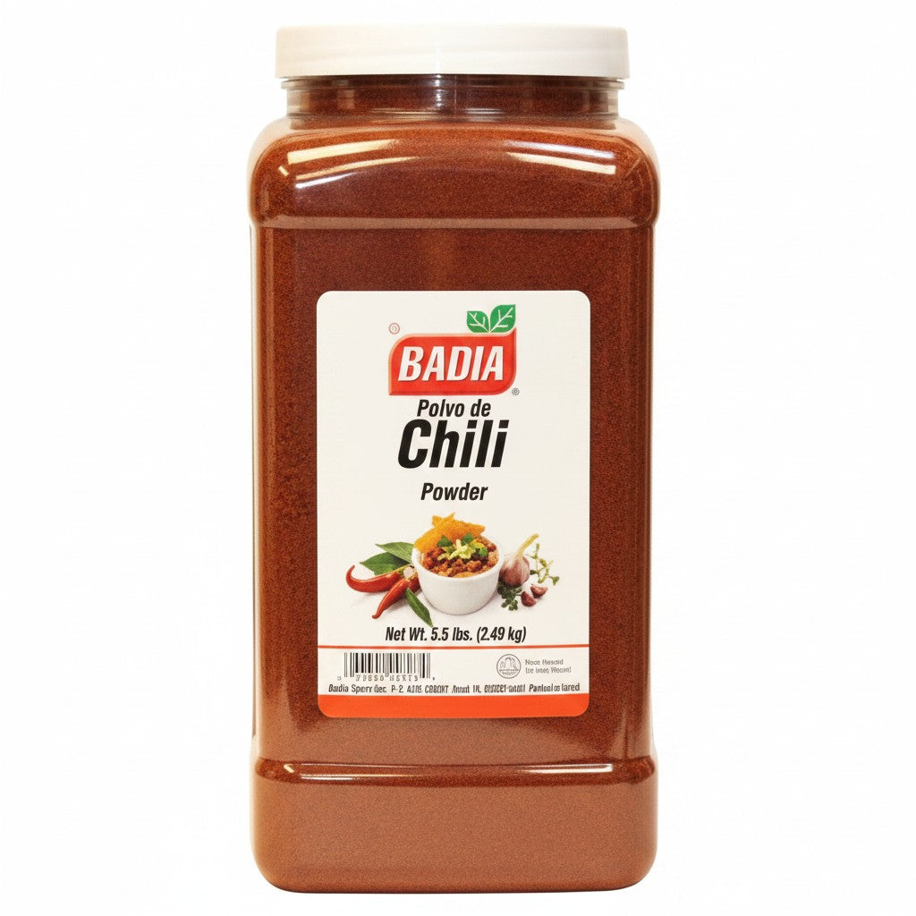 Bodega Badia Chili Powder Spice, 5.5 lb container with red chili peppers and garlic illustration on label.