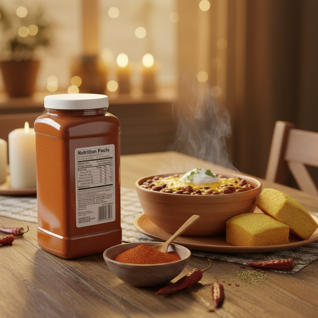 Bodega Badia chili powder spice in a large container and bowl, with cooking chili in a pan.