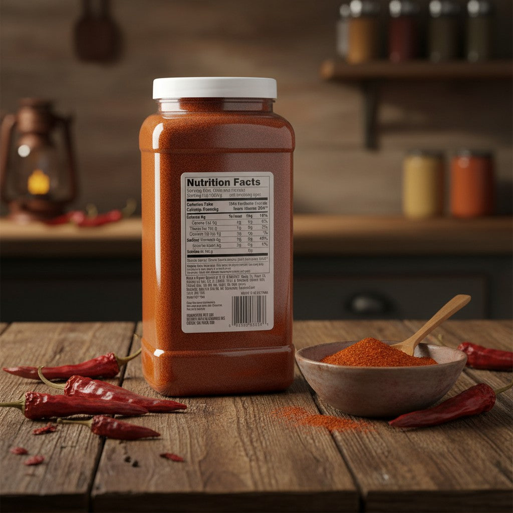 Bodega Badia chili powder spice in a large plastic container with a white lid. The nutrition facts label is visible.