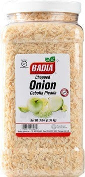 Bodega Badia chopped dehydrated onion flakes in a large clear plastic container, 3 lb bag.