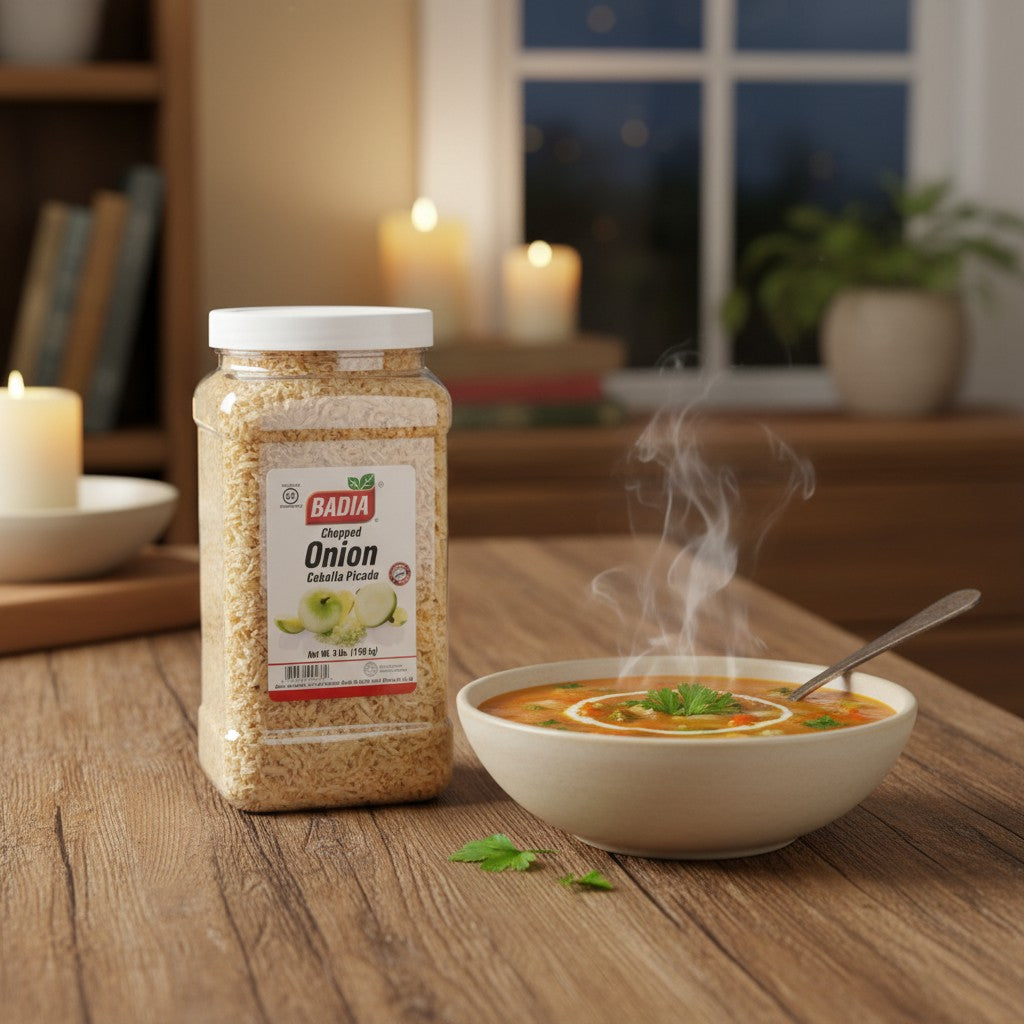 Bodega Badia chopped dehydrated onion flakes in a 3 lb clear plastic container. Gluten-free seasoning.
