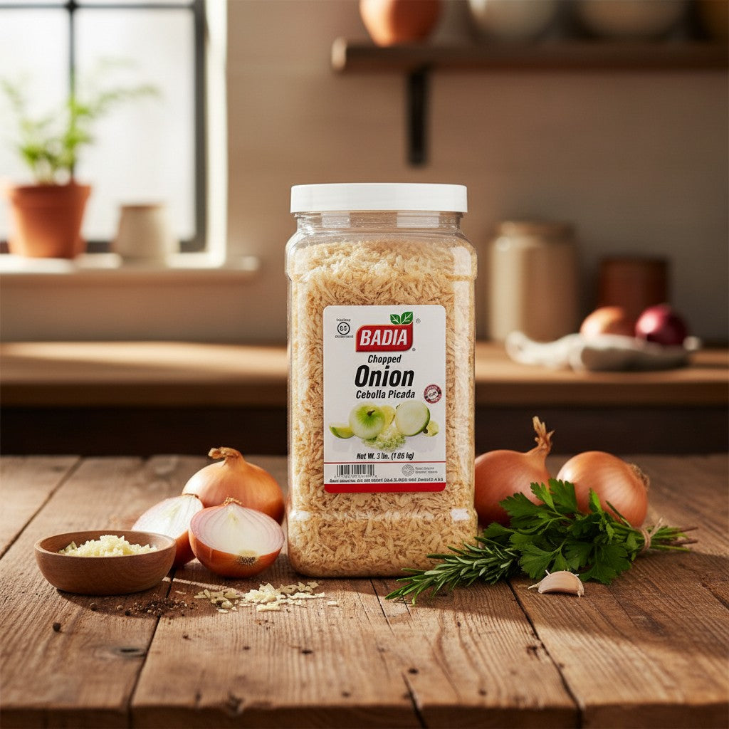 Bodega Badia 3 lb jar of dehydrated chopped onion flakes for cooking. Gluten-free and shelf-stable.