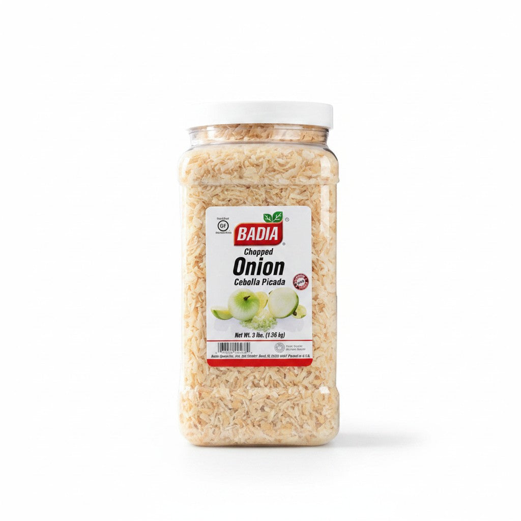 Bodega Badia chopped dehydrated onion flakes in a large clear plastic container, 3 lb bag.