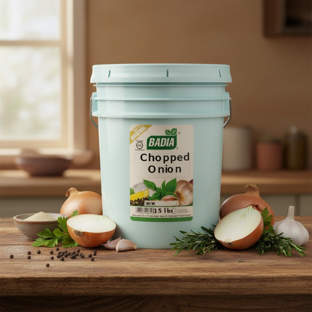 Bodega Badia Chopped Onion Spice, 15 lb foodservice container with dehydrated onion pieces.