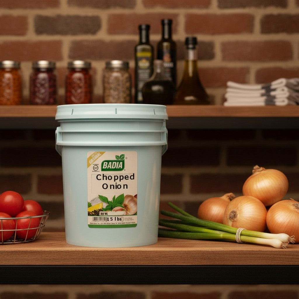 Bodega Badia Chopped Onion Spice, 15 lb foodservice container with dehydrated onion pieces.