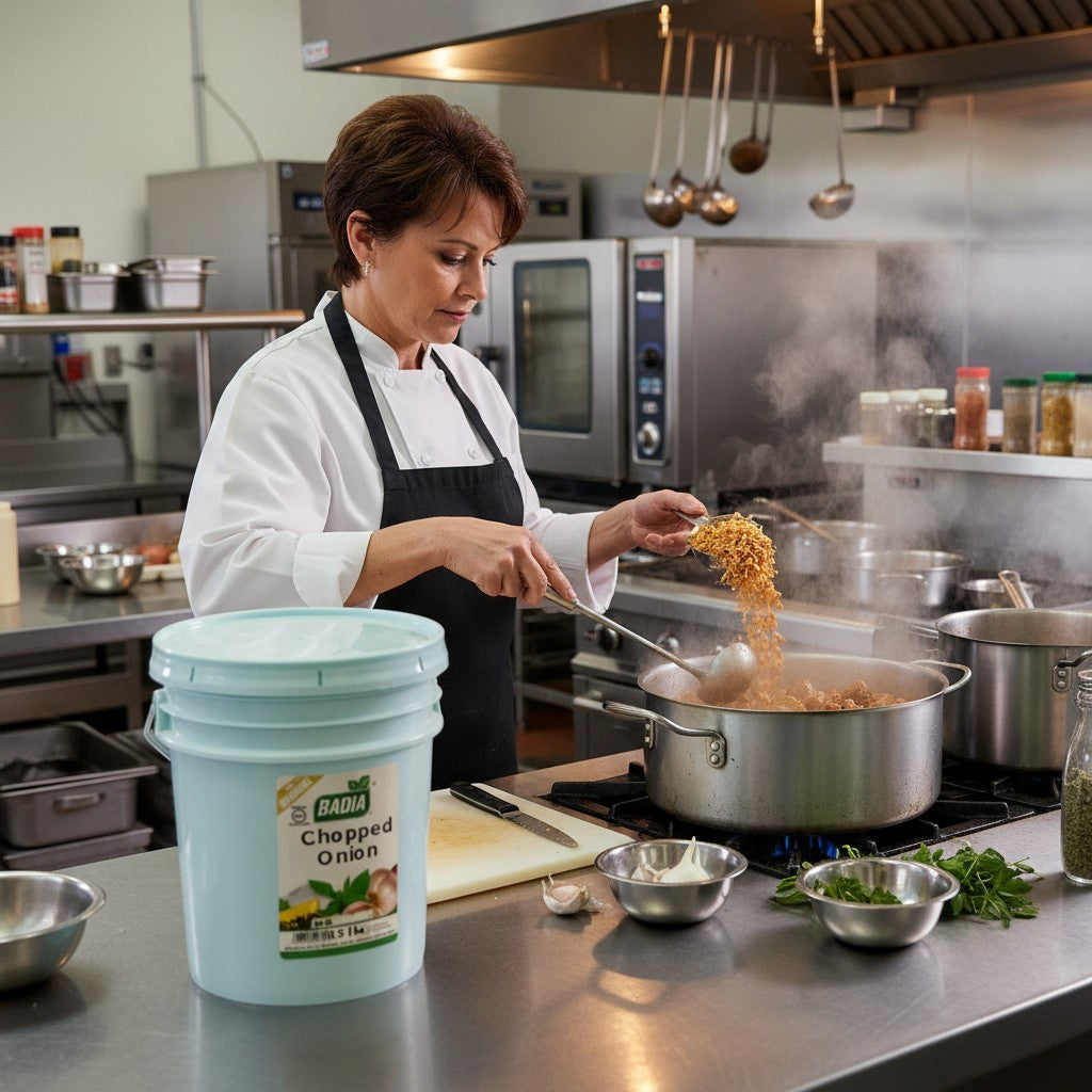 Bodega Badia Chopped Onion Spice, 15 lb foodservice container with dehydrated onion pieces.