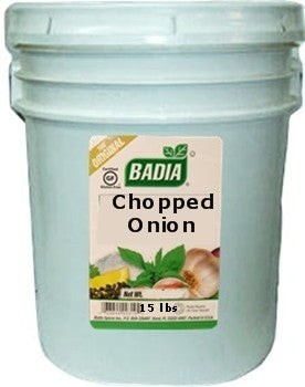 Bodega Badia Chopped Onion Spice, 15 lb foodservice container with visible dehydrated onion pieces.
