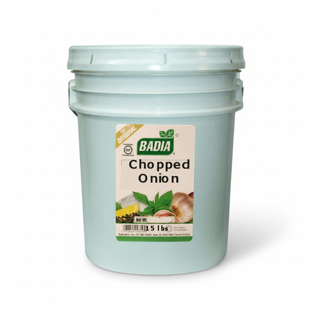Bodega Badia Chopped Onion Spice, 15 lb foodservice container with visible dehydrated onion pieces.