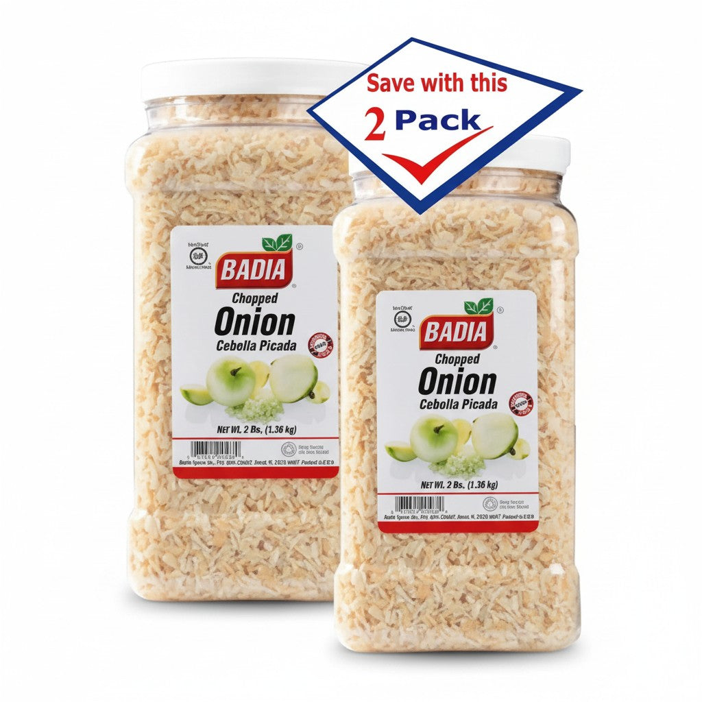 Bodega Badia Chopped Onion Spice, 2 x 3 lb containers of dehydrated chopped onion for cooking.