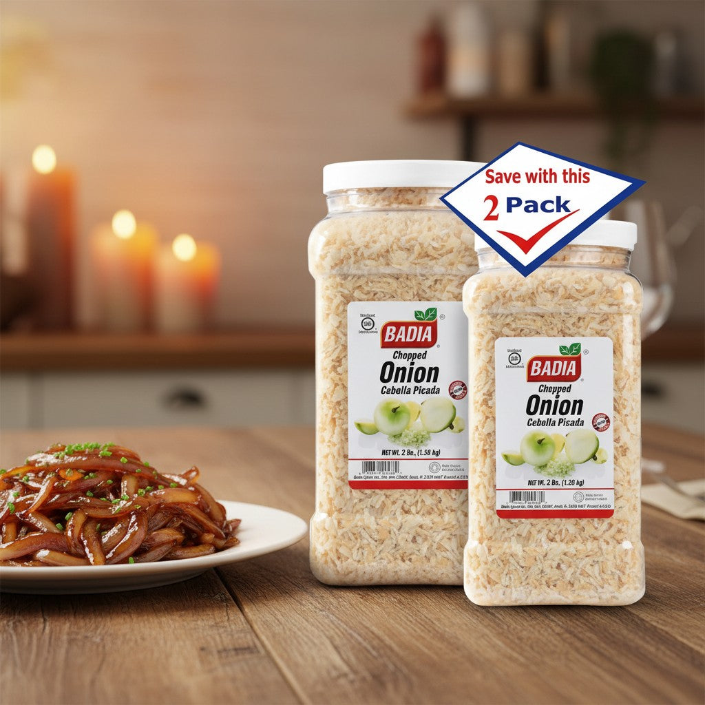 Bodega Badia Chopped Onion Spice 2-pack, 3 lbs each. Dehydrated onion pieces for cooking.