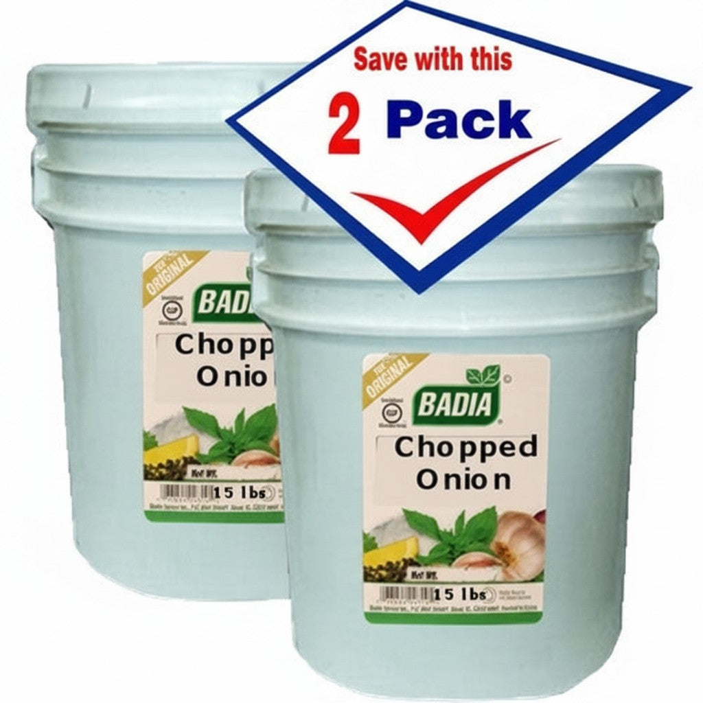 Bodega Badia Chopped Onion spice in 15 lb containers, sold as a 2-pack. Dehydrated onion for cooking.