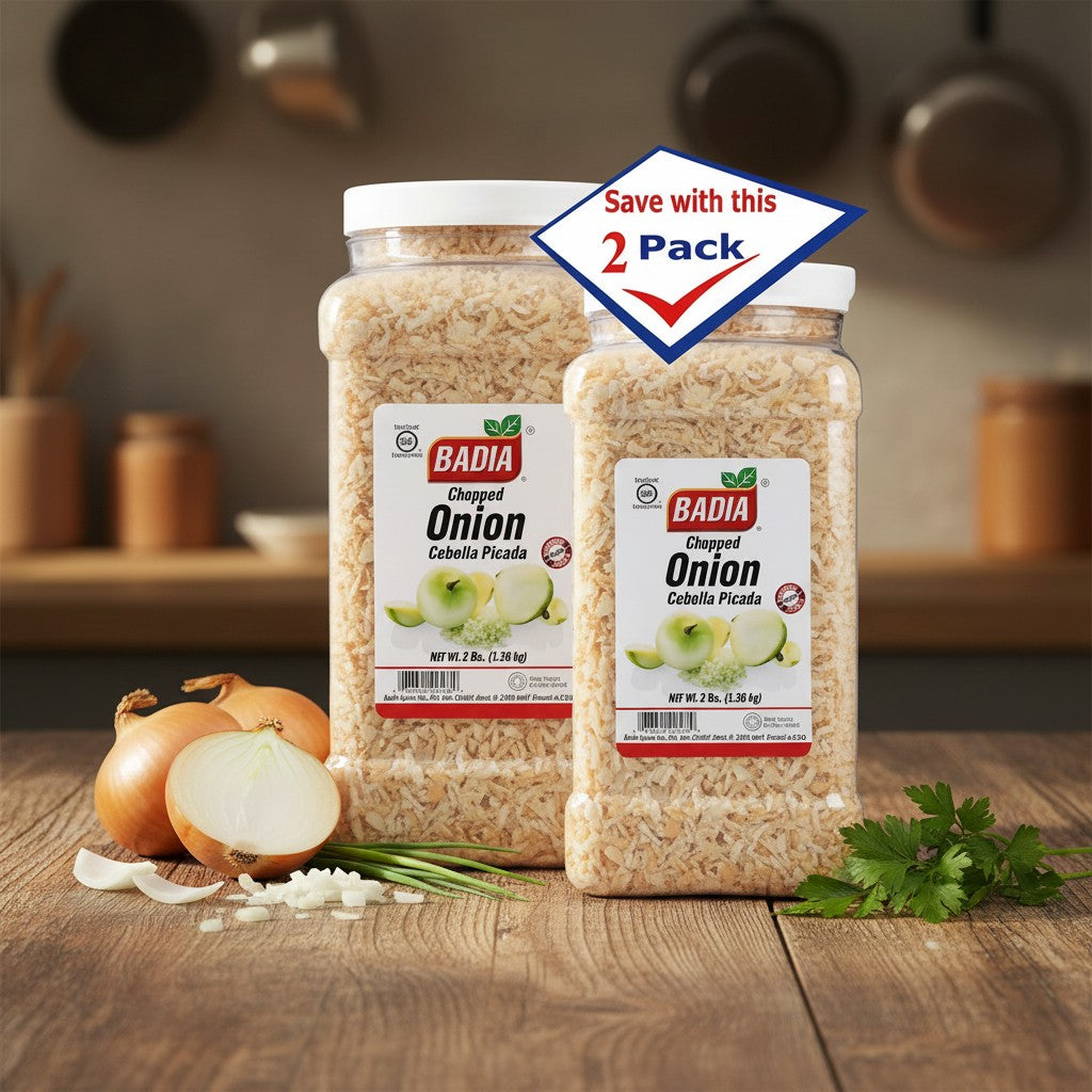 Bodega Badia Chopped Onion Spice 2-pack, 3 lbs each. Dehydrated onion pieces for cooking.