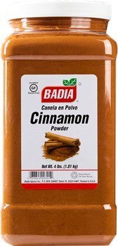 Bodega Badia Cinnamon Powder spice in a large plastic container. Ground cassia cinnamon with a sweet-warm aroma.