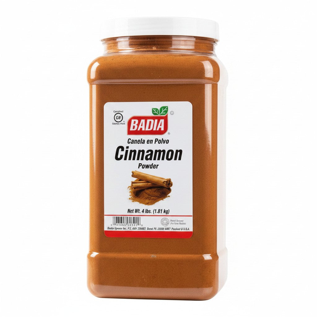 Bodega Badia Cinnamon Powder spice in a large plastic container. Ground cassia cinnamon with a sweet-warm aroma.