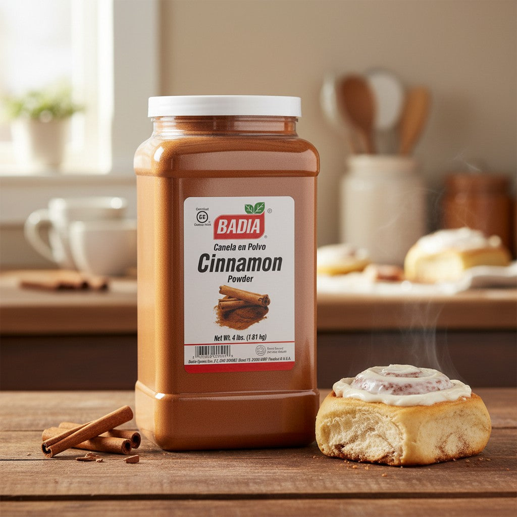 Bodega Badia Cinnamon Powder Spice, 4 lb container of ground cassia cinnamon with a sweet-warm aroma.