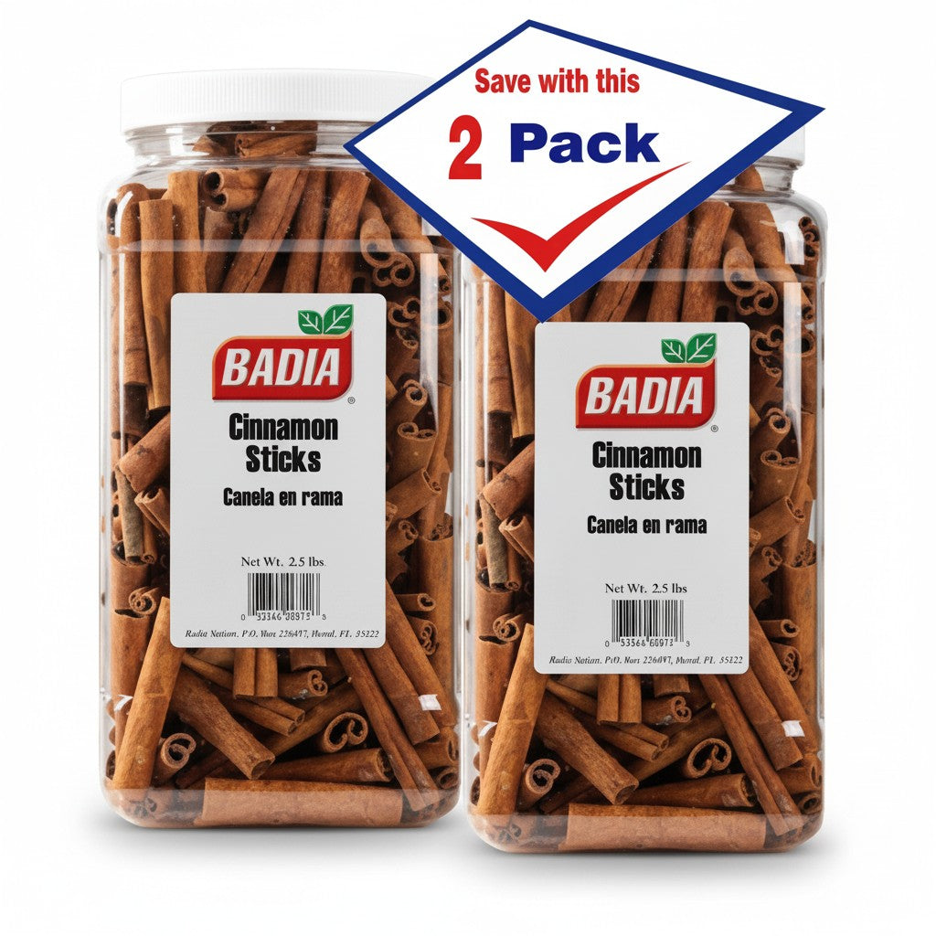 Bodega Badia Cinnamon Sticks, 2.5 lb, Pack of 2. Whole cassia cinnamon quills in clear plastic jars.