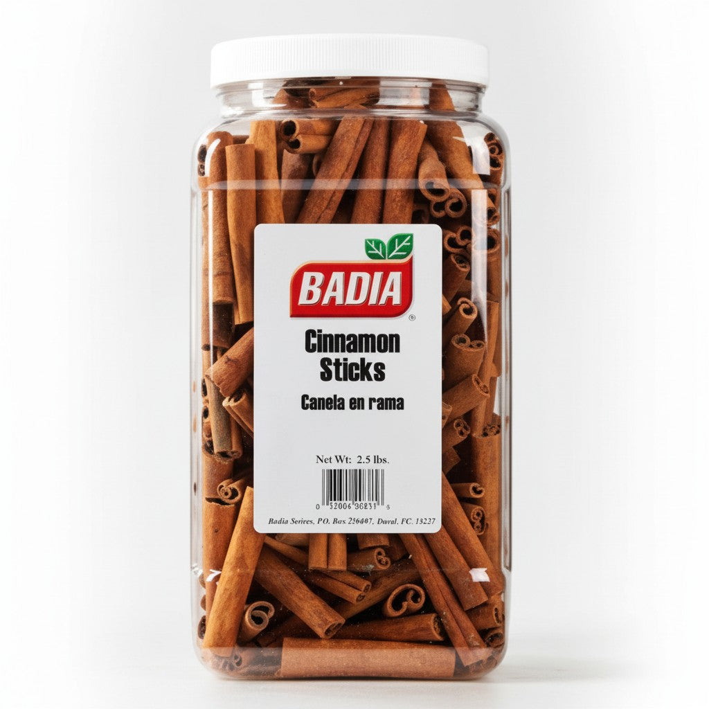 Bodega Badia whole cassia cinnamon sticks in a clear plastic jar, 2.5 lb. Tightly rolled quills with a warm brown color.