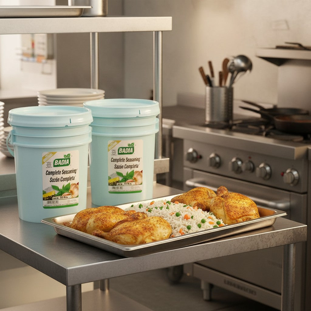 Bodega Badia Complete Seasoning Sazón Completa 2-pack 35 lb tubs. All-purpose blend for proteins, rice, beans, soups, and vegetables.