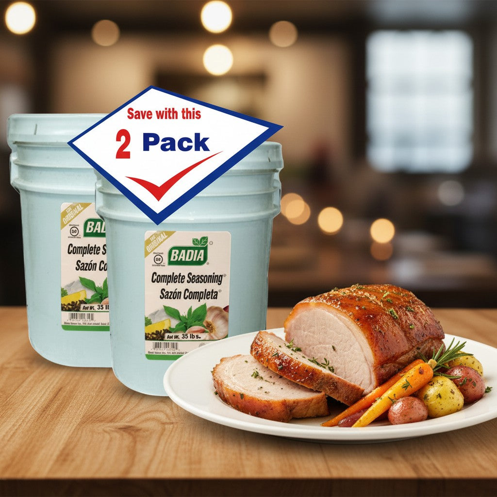 Bodega Badia Complete Seasoning Sazón Completa, 35 lb tubs, 2-pack. All-purpose blend for proteins, rice, beans, soups, and vegetables.