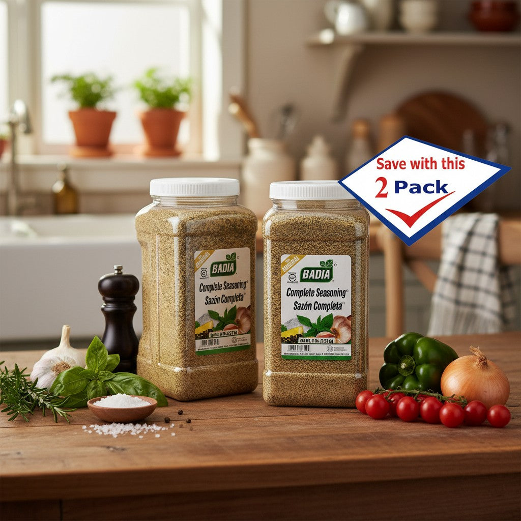Bodega Badia Complete Seasoning Sazón Completa 2-pack institutional jugs with seasoning blend.