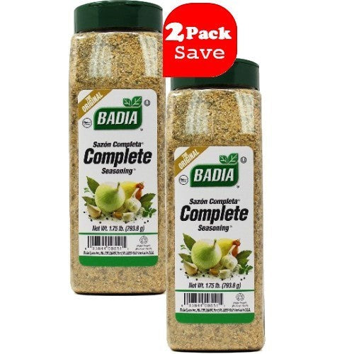Bodega Badia Complete Seasoning, 1.75 lb family size bottles, 2 pack. Original blend with salt, garlic, onion, oregano, pepper, turmeric.