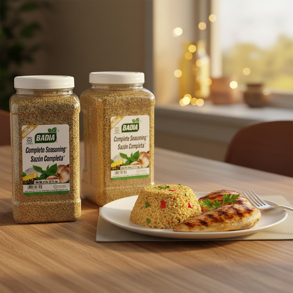 Bodega Badia Complete Seasoning Sazón Completa 2-pack institutional jugs, a blend of salt, garlic, pepper, cumin, oregano, MSG, and parsley.