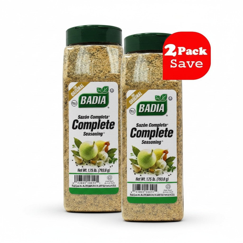 Bodega Badia Complete Seasoning, 1.75 lb family size pack of 2. Original blend with salt, garlic, onion, oregano, pepper, turmeric.