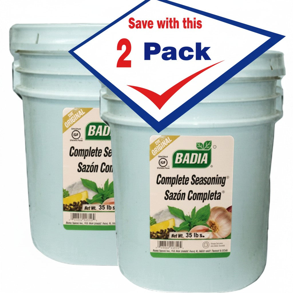 Bodega Badia Complete Seasoning Sazón Completa 35 lb bulk containers, 2 pack. All-purpose seasoning blend for proteins, rice, beans, and vegetables.