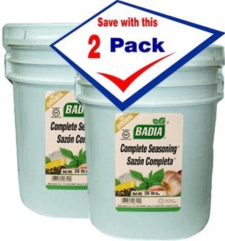 Bodega Badia Complete Seasoning Sazón Completa 35 lb bulk containers, 2 pack. All-purpose seasoning blend for proteins, rice, beans, soups, and vegetables.