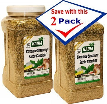 Bodega Badia Complete Seasoning Sazón Completa institutional size 2-pack, 6 lb jugs. All-in-one Cuban blend for marinades, rubs, and seasoning.