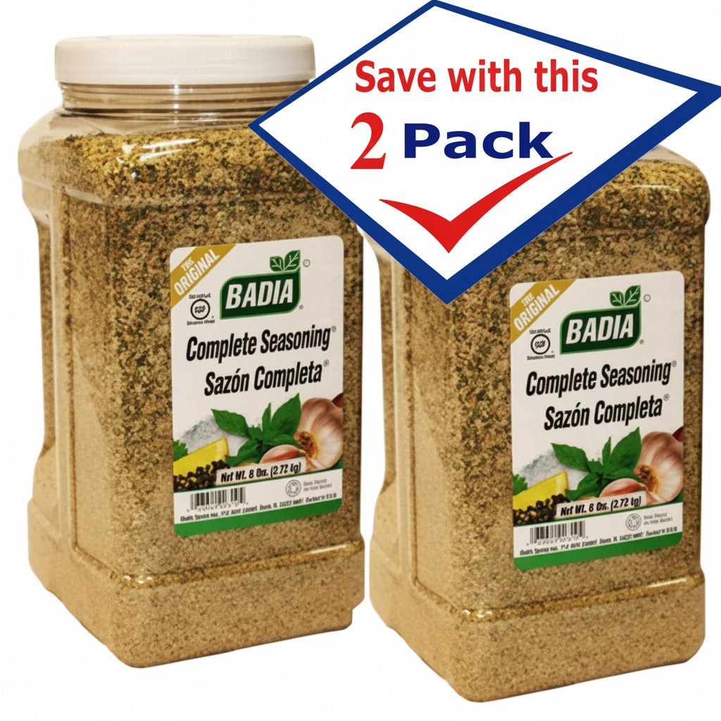 Bodega Badia Complete Seasoning Sazón Completa institutional size 2-pack, 6 lb jugs. All-in-one Cuban blend for marinades, rubs, and seasoning.