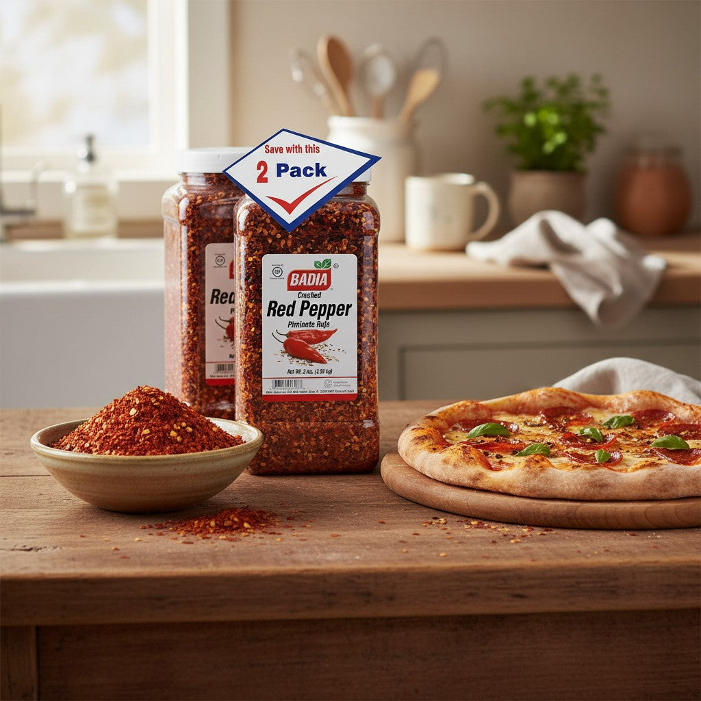 Bodega Badia Crushed Red Pepper spice flakes in two 3 lb clear plastic jars, featuring red pepper illustrations.