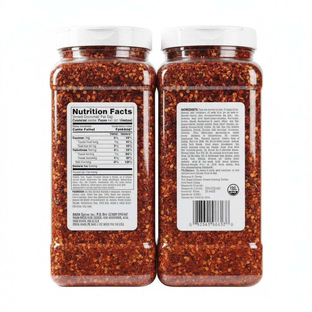 Bodega Badia Crushed Red Pepper spice flakes in two 3 lb clear plastic jars, featuring red pepper illustrations.
