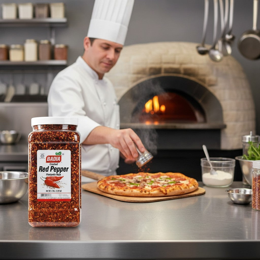 Bodega Badia Crushed Red Pepper spice flakes in two 3 lb clear plastic jars, ideal for Italian and Mediterranean cooking.