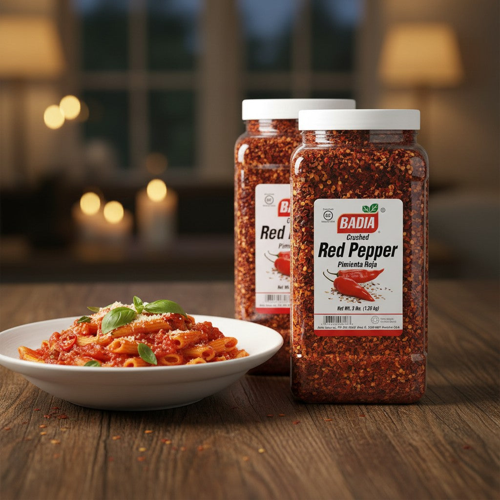 Bodega Badia Crushed Red Pepper spice flakes in two 3 lb clear plastic jars, featuring red chili peppers.