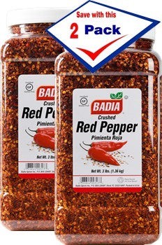 Bodega Badia Crushed Red Pepper Spice, 2 x 3 lb jars. Coarse-cut chile flakes with seeds for Italian, pizzeria, and Mediterranean kitchens.