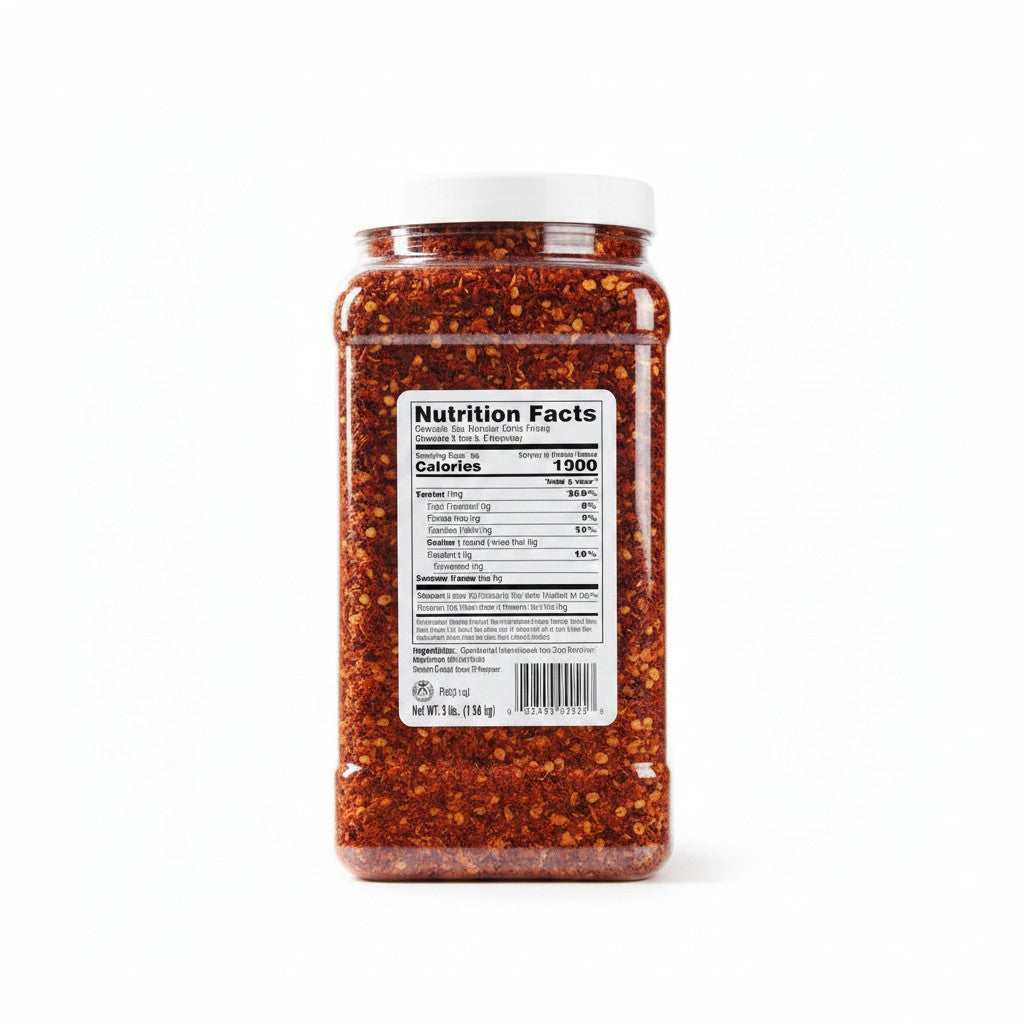 Bodega Badia Crushed Red Pepper Spice, 3 lb container of coarse-cracked dried red chiles with seeds.