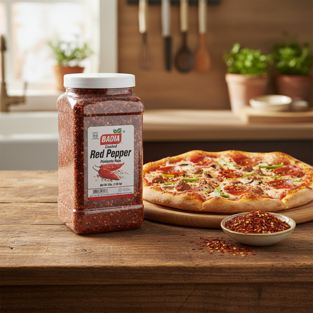 Bodega Badia Crushed Red Pepper Spice, 3 lb container of coarse-cracked dried red chiles with seeds.