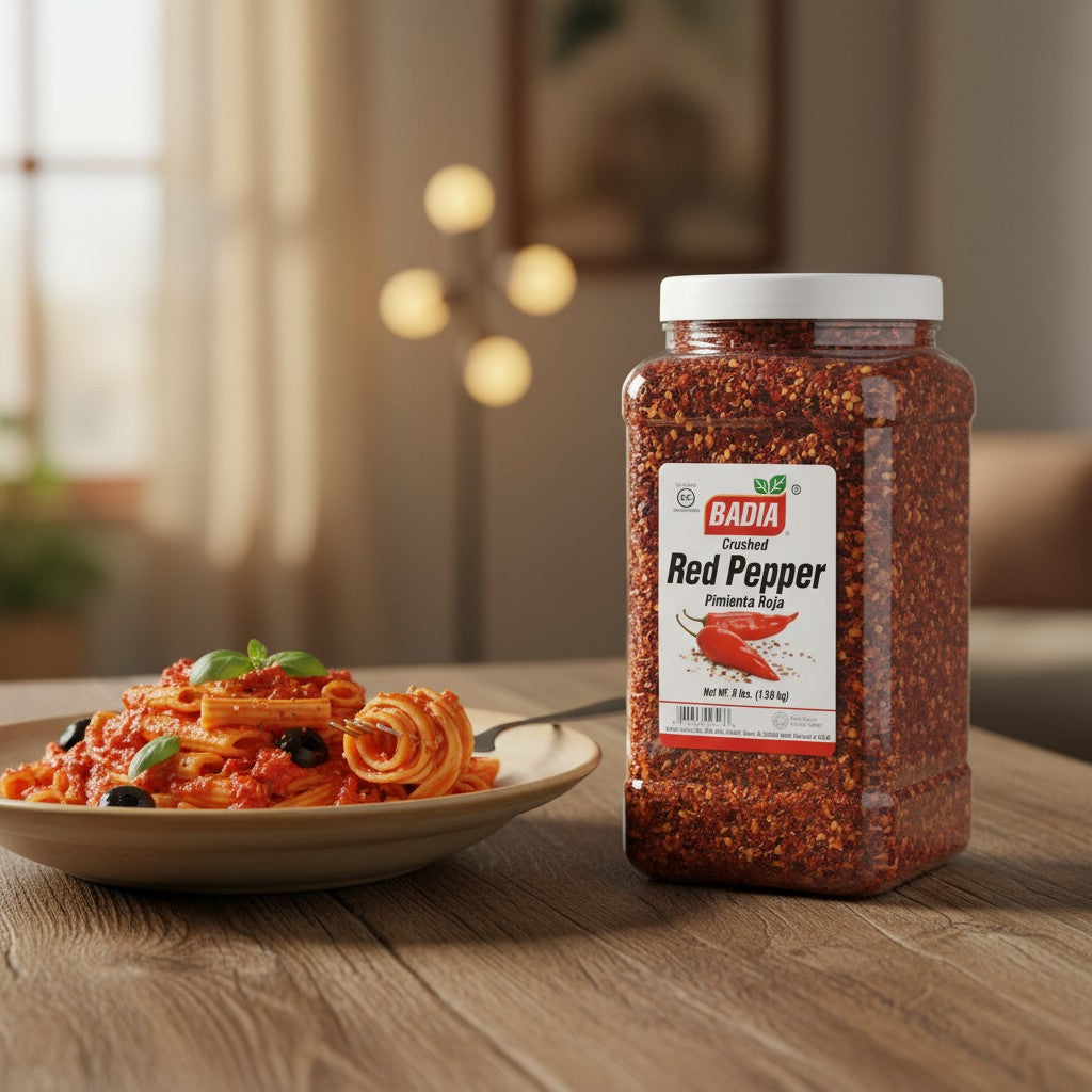 Bodega Badia Crushed Red Pepper Spice, 3 lb container with coarse-cracked dried chiles and visible seeds.